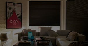 blackout shades darkening a cozy Manhattan living room