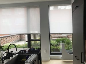 Motorized shades in a kitchen