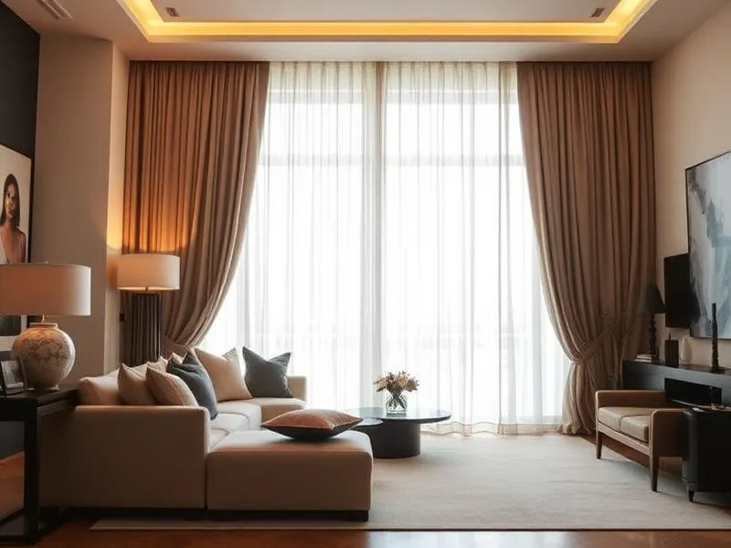 Floor-length drapes over sheer curtains on tall living room windows