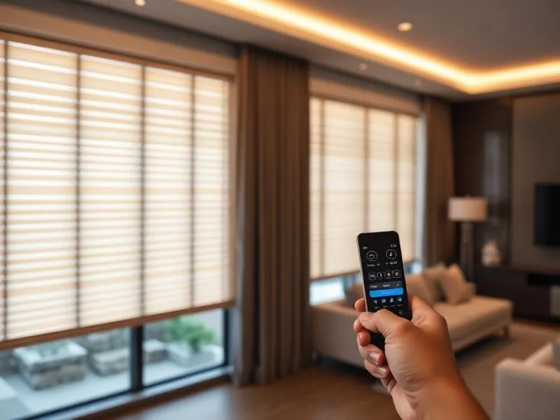 Hand using a remote to control motorized shades in a living room