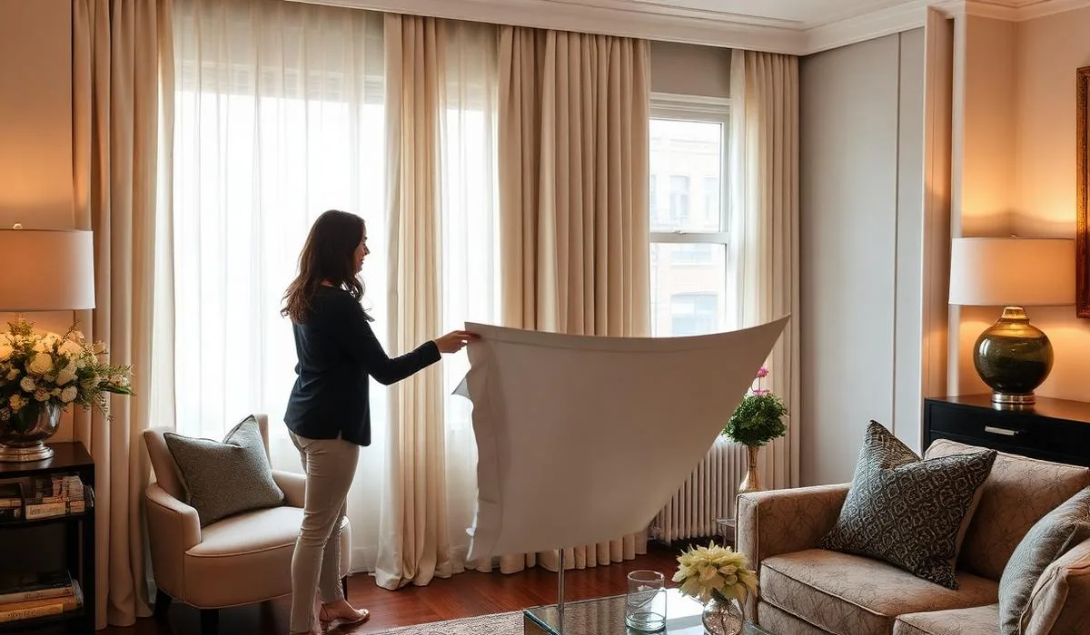 Designer holding up a fabric sample during an in-home window treatment consultation