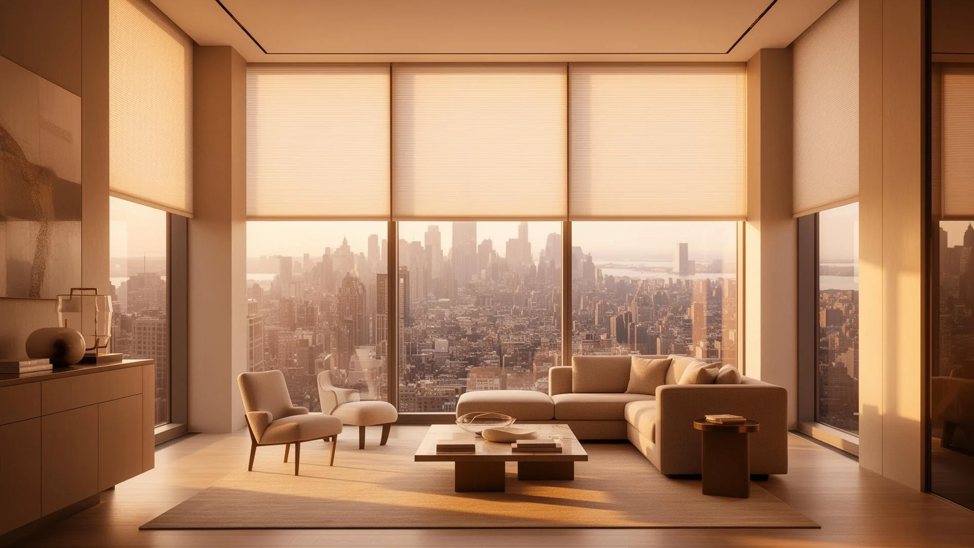 Light fabric shades on large windows in a living room overlooking the city